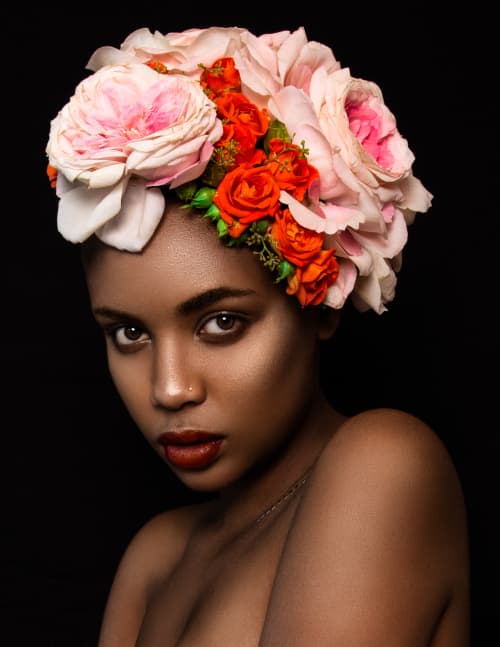 Model with full floral headpiece