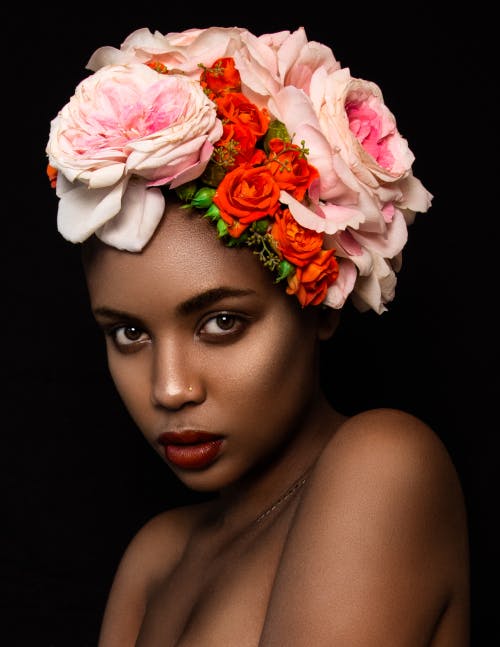 Model with full floral headpiece
